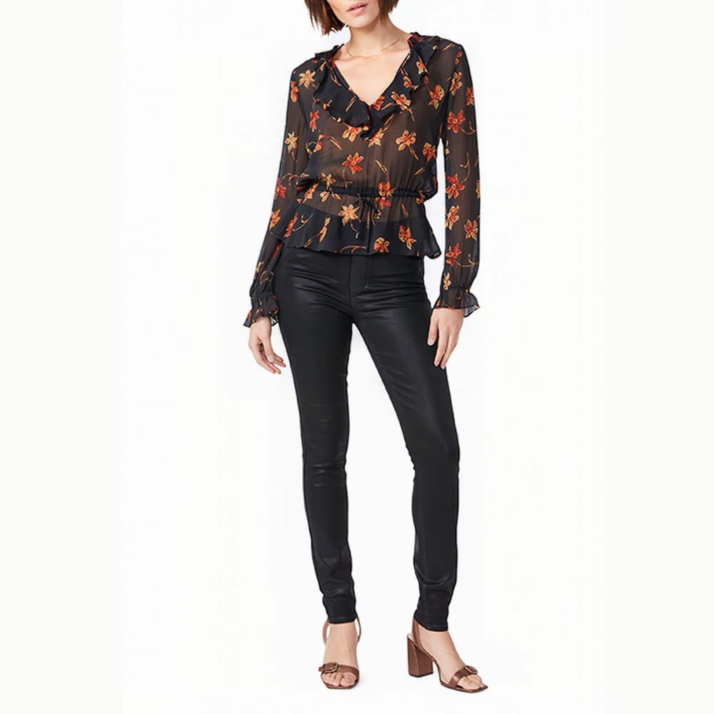 PAIGE Nathalie Floral Silk Blouse Womens S Black Popover Top V-Neck Drawstring